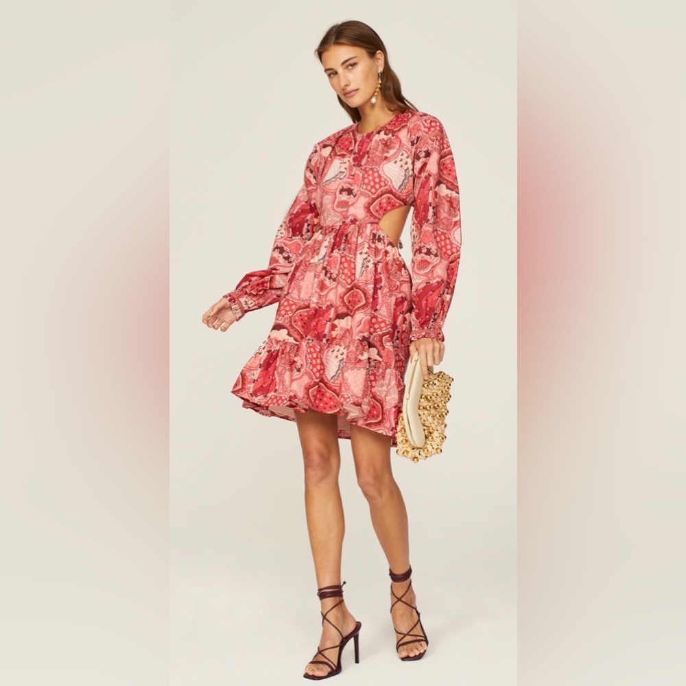 Chufy Hari Mini Dress Open Back Cut Outs Tie Back Boho Floral Red Pink Paisley L